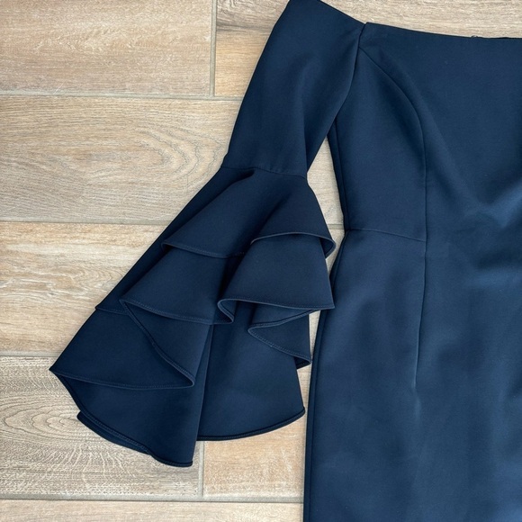 MILLY Women's Selena Off The Shoulder Mini Dress Ruffle Sleeves Navy Bodycon 0 - Picture 4 of 8